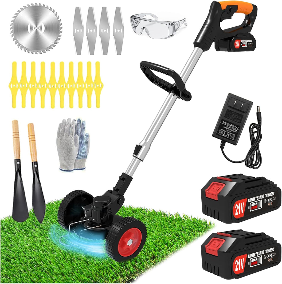 Electric Weed Wacker Eater Cordless, Weed Wacker Battery Powered, Weed Trimmer with 2 21V/2Ah Battery Operated & 15 Blades & Wheels, No-String Grass Trimmer/Brush Cutter/Edger for Garden Yard
