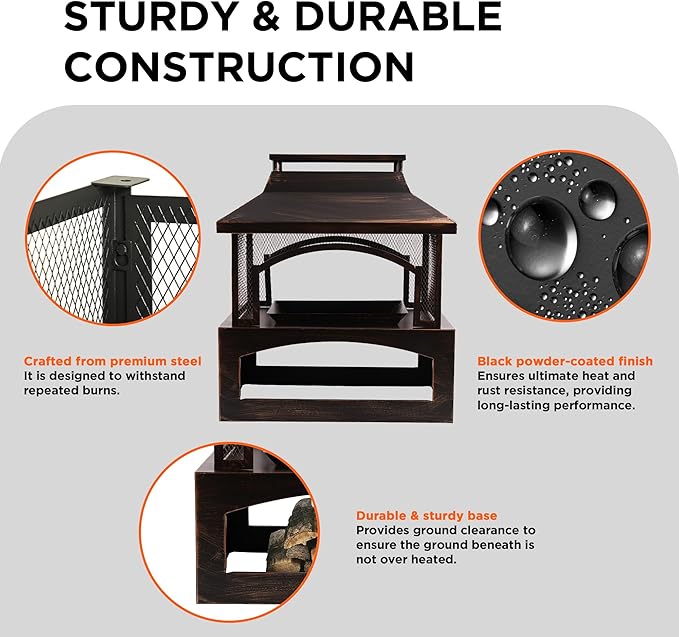 Bestier 37" Fire Pits, Wood Burning Fireplace for Outside Rectangular Chiminea Outdoor Firepits with Poker, Wood Storage, Rain Cover and Removable Fire Grill for Patio, Garden, Backyard, Camping