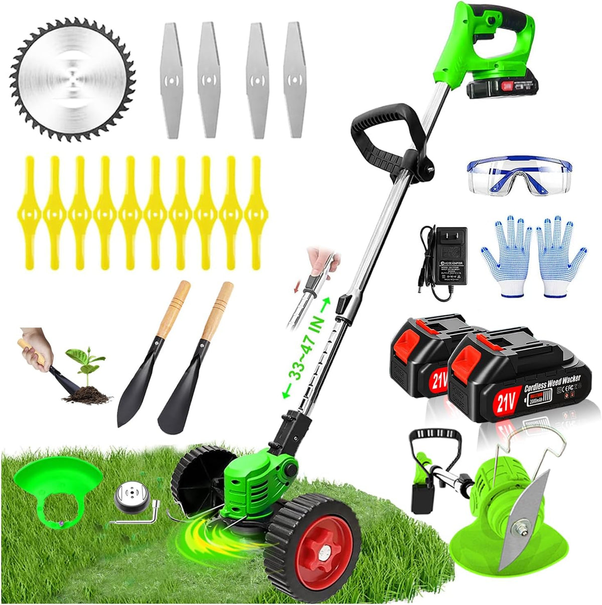 Electric Weed Wacker Eater Cordless Battery Powered, Weed Trimmer 21V Lightweight No-String with 2 Battery Operated & Wheels, 3 in 1 Stringless Grass Trimmer/Edger/Brush Cutter for Garden Yard Lawn