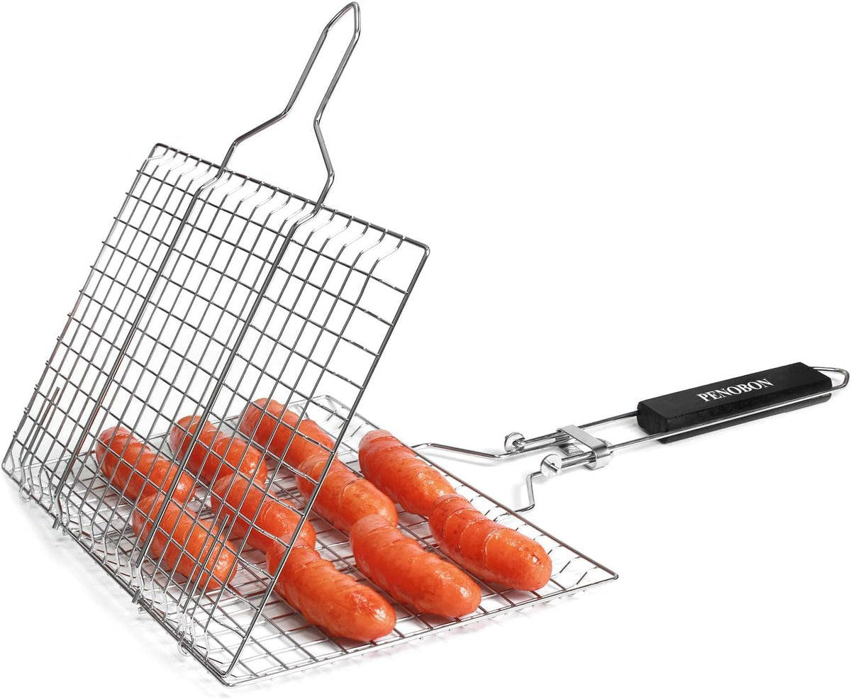 Fish Grilling Basket, Folding Portable Stainless Steel BBQ Grill Basket for Fish Vegetables Shrimp with Removable Handle, Come with Basting Brush and Storage Bag
