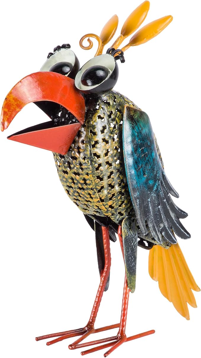Alpine Corporation 12" Tall Outdoor Metal Wide-Eyed Bird Standing Yard Statue Decoration, Multicolor