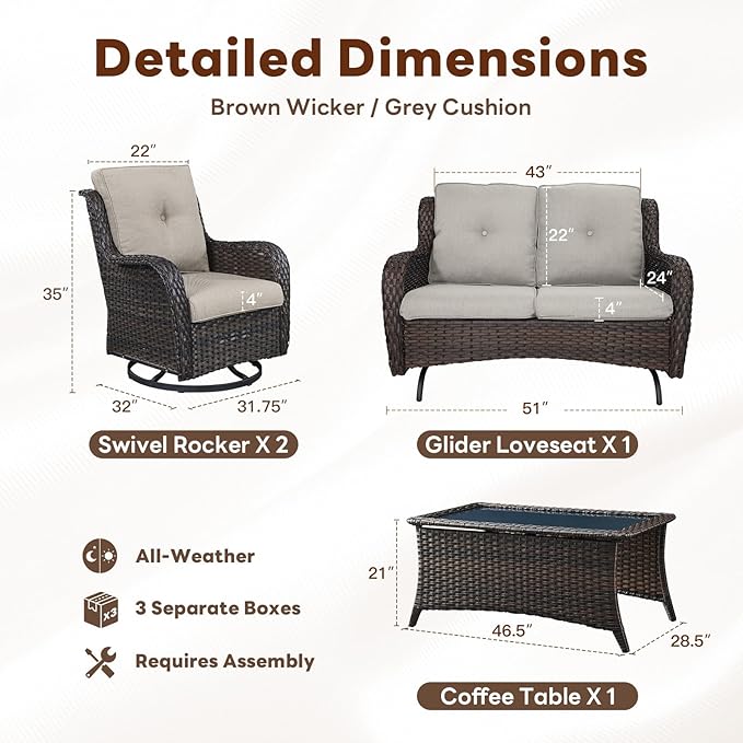4 Piece Patio Furniture Set - Outdoor Glider Bench with Swivel Rocker Chairs and Coffee Table, High Back Small Outdoor Conversation Furniture Sets for Deck Sunroom Balcony Backyard