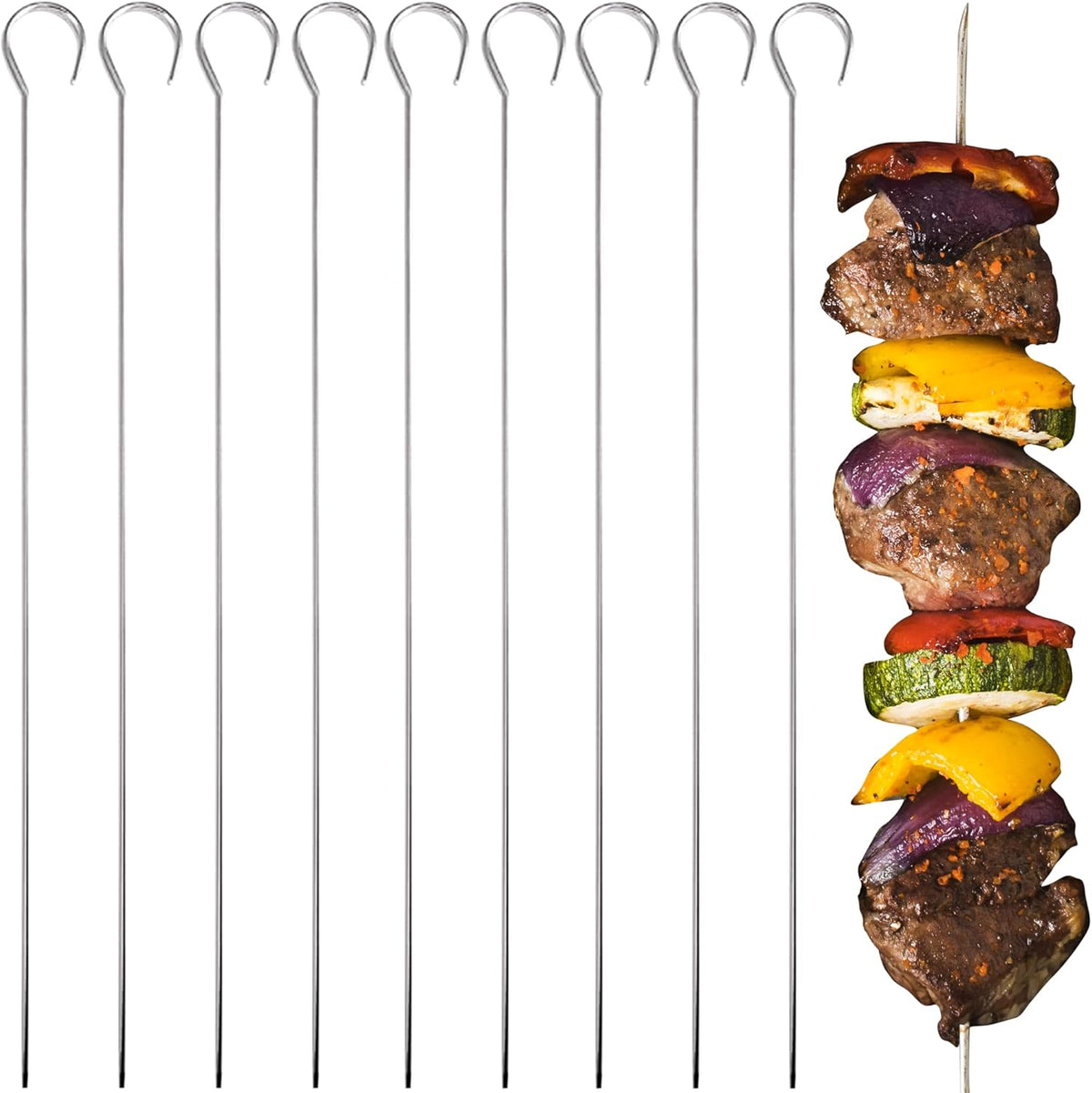 O-Yaki Flat Metal Kabob Skewer for Grilling – Set of 8 BBQ Skewers Stainless Steel with Storage Bag, Dishwasher Safe Skewers with Hook Handle & Sharp Tip for BBQ, Cookouts & Oven Use – 10 Inch