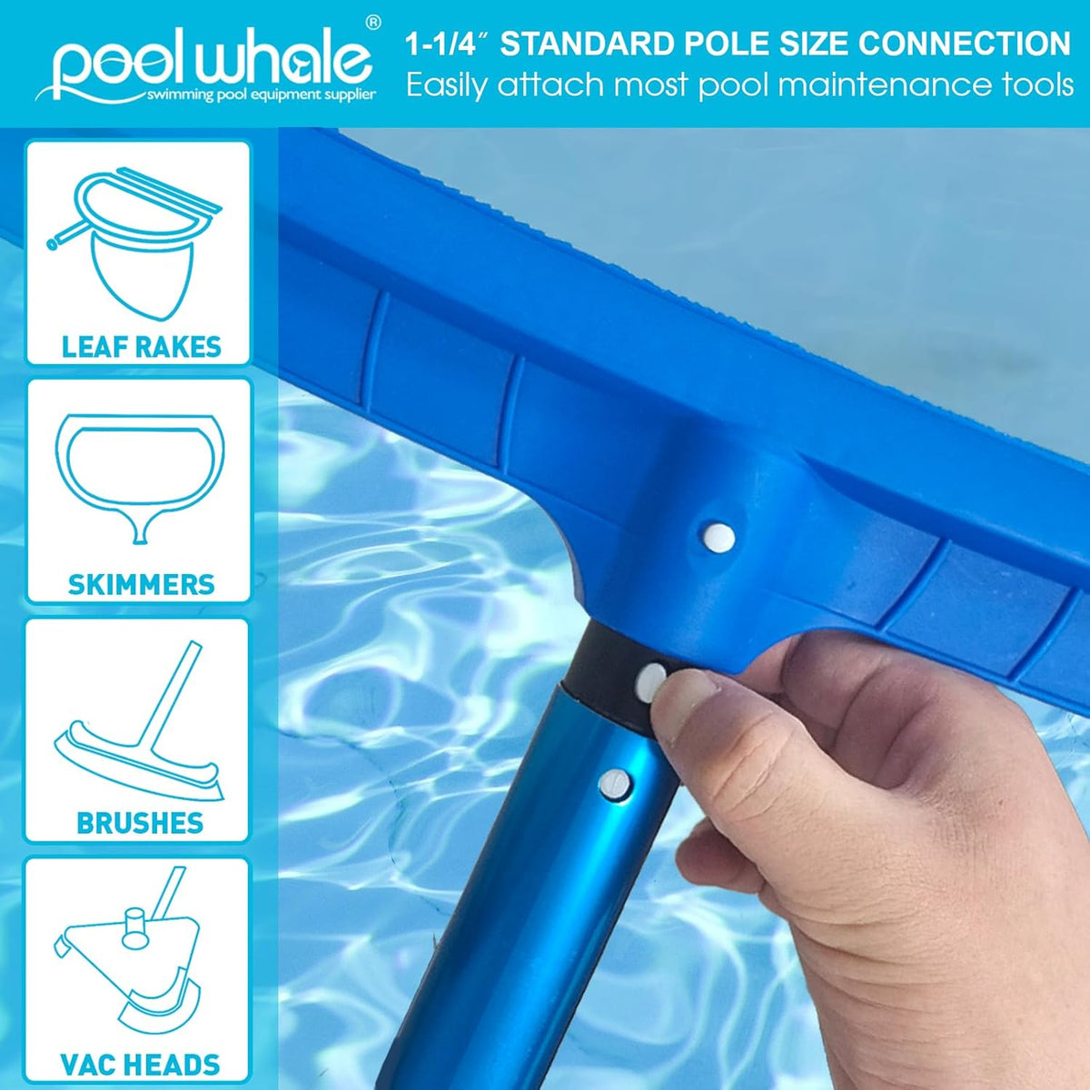 POOLWHALE Premium 15 Foot Telescopic Swimming Pool Pole, Adjustable 3 Piece Extendable Pool Cleaning Pole, Blue Anodized Aluminum - for Skimmer Nets, Vacuum Heads and Brushes
