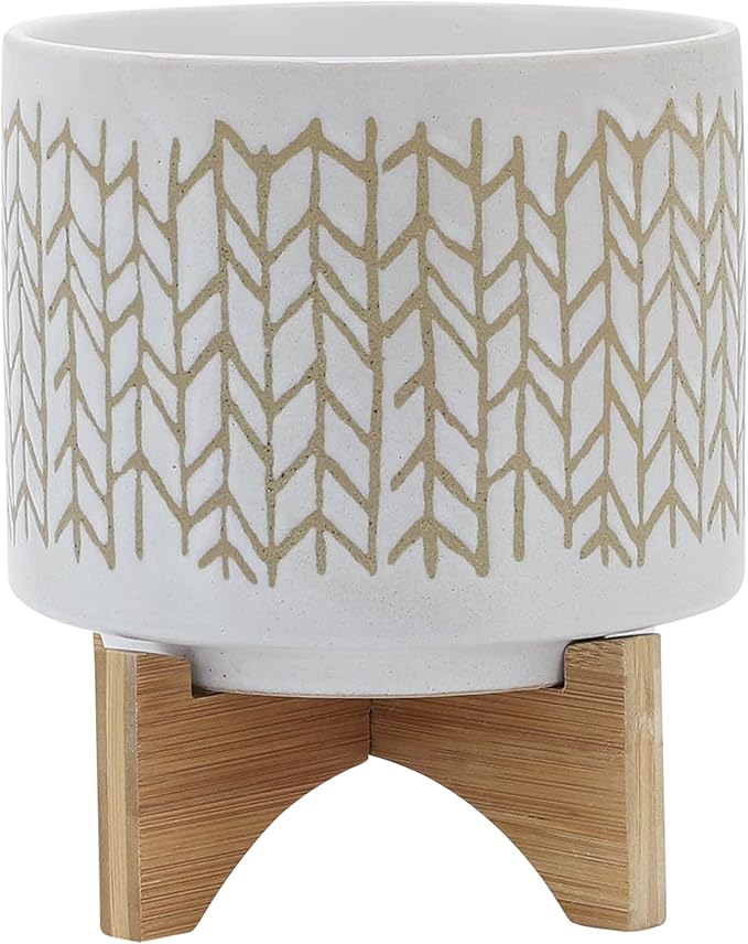 8" Ceramic Planter Stand, Ivory/Beige Chevron with Wooden Base, Indoor/Outdoor Planter with Stand for Your Succulents and Small Plants