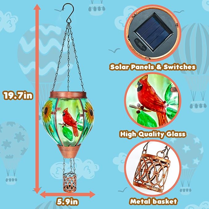 2 Pack Solar Hot Air Balloon Lantern With Flame, Cardinal Glass Solar Hanging Lights for Outdoor Yard Patio Farmhouse Decoration, Gifts for Women Grandma Mom