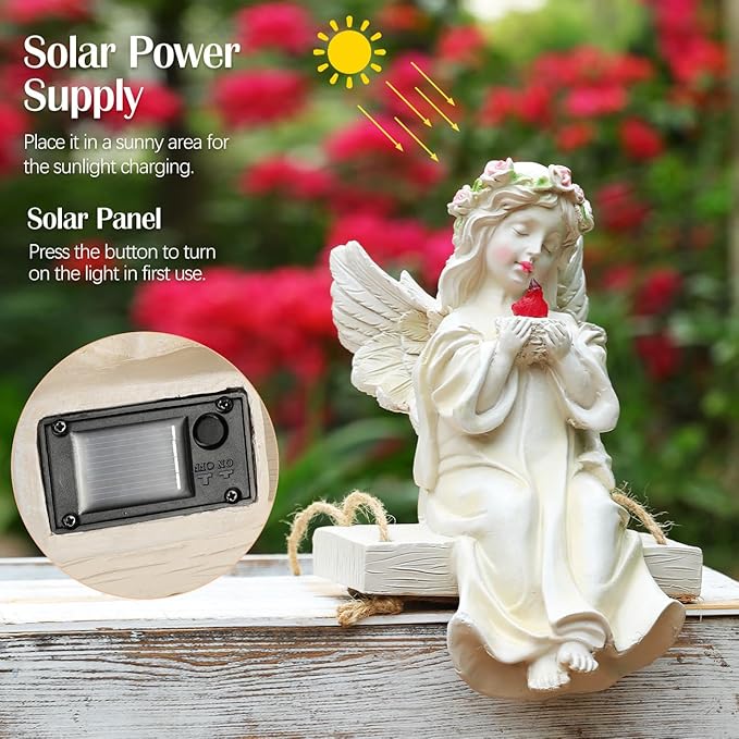 Angel Garden Statue,Fairy Solar Garden Decor with Warm Light,Waterproof Angel Statue with Swing & Holding Bird,Outdoor Garden Decor for Lawn Yard Patio Windowsill Garden Gifts, Apricot