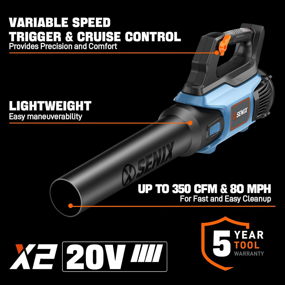 SENIX 20V Max Leaf Blower, Cordless, Brushless, Handheld, Up to 350 CFM and 80 MPH, 2 Speed Mode, Cruise Control, Lightweight, Tool Only, Battery and Charger Not Included(BLAX2-M-0)