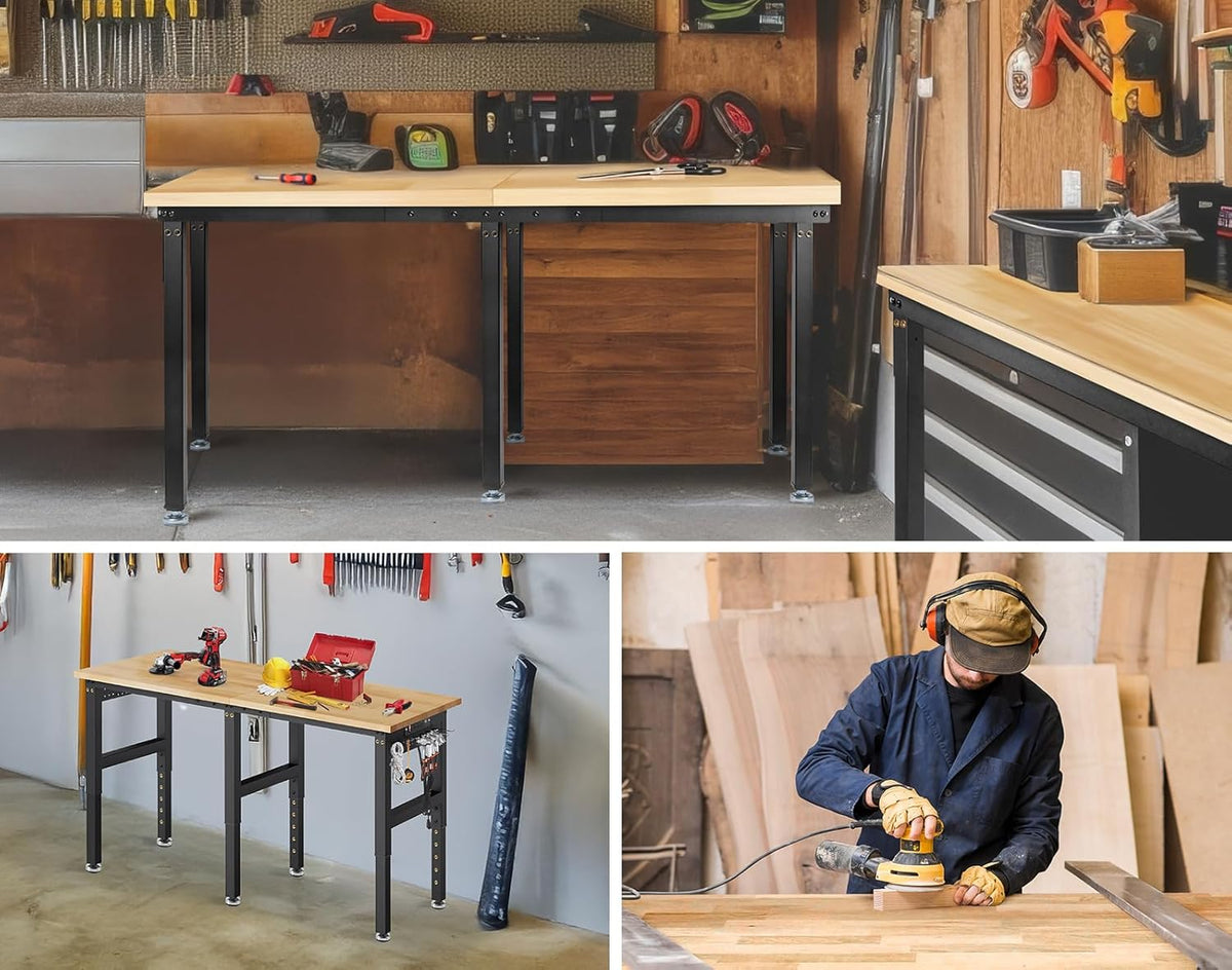 MUWOOD 72” Adjustable Height Workbench, 5000 LBS Heavy Duty Table Rubber Wood Workstation with Power Outlet & Pegboard for Garage, Office, Workshop, Home,Commercial