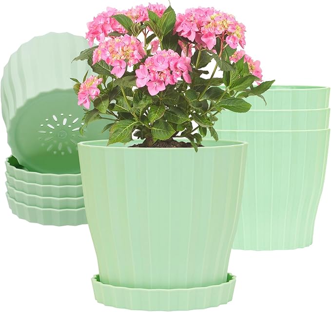 5 Pack Flower Pots for Indoor Plants, 6 inch Plant Pots Outdoor Planters for Porch Garden Office Home Decorative Holiday with Drainage Holes and Saucers, Plastic Planter Nursery Pots Green