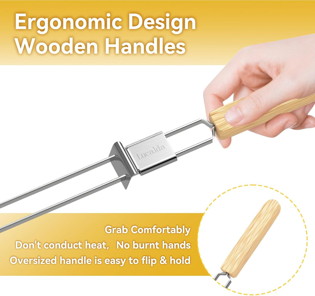 Skewers for Grilling, 17" (10 Pcs) Wooden Handle Double Pronged Stainless Steel Flat Kabob Skewers with Push Bar, Reusable Long Metal Skewer Sticks for Meat Chicken Vegetable, BBQ Accessories