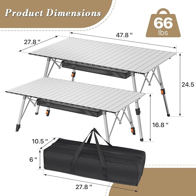 Athena Collection Foldable Camping Table, 47" Aluminum Outdoor Folding Camp Table with Mesh Layer Telescopic Legs and Carry Bag, Lightweight and Portable for Outdoor Camping Picnic Grilling, Silver