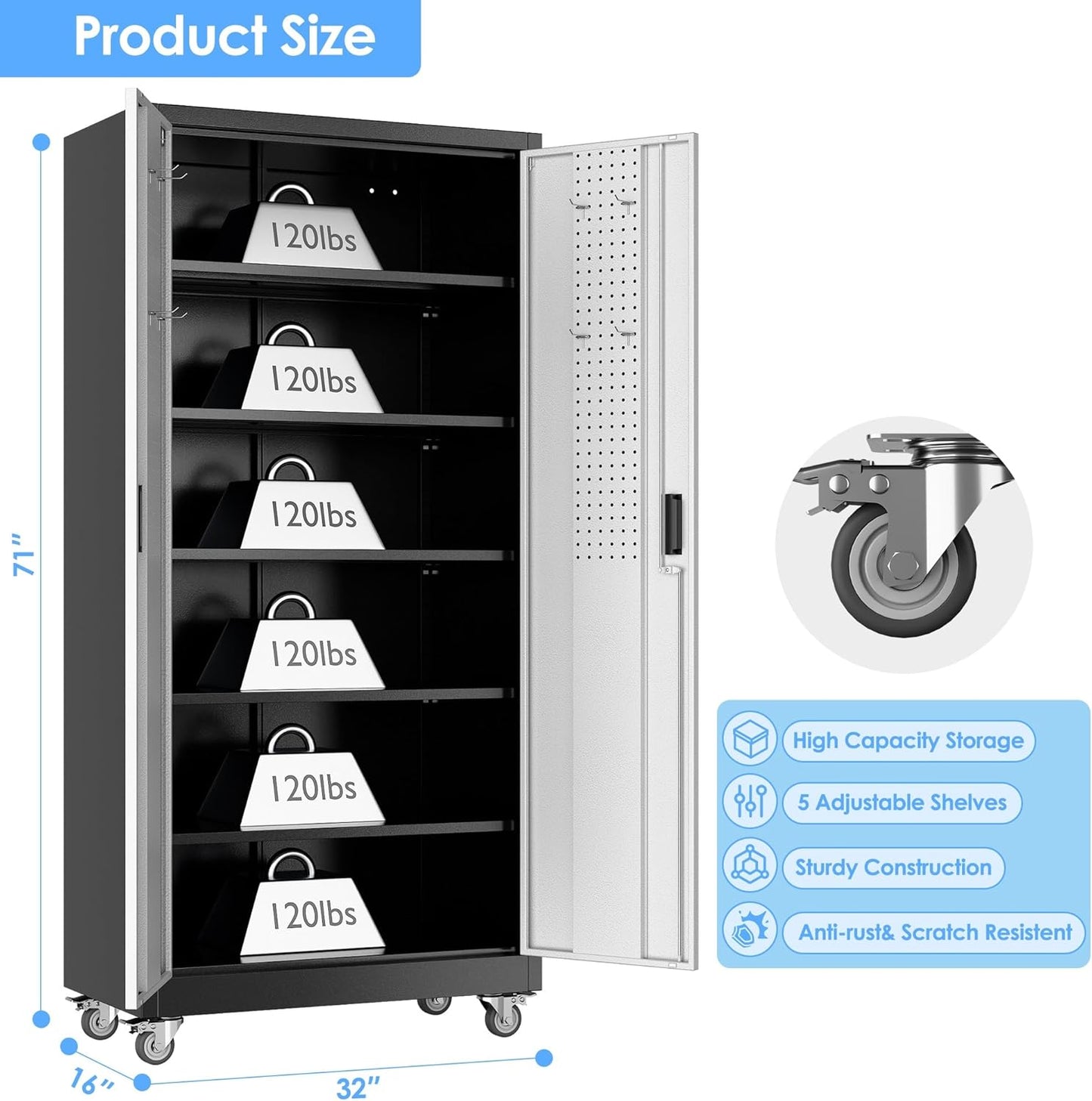 71"H×32"W×16"D Garage Storage Cabinet with Wheels & Pegboard, Locking Metal Storage Cabinet with Doors and 5 Adjustable Shelves & & 4 Hooks for Garage Warehouse Home Office, Black and Silvery