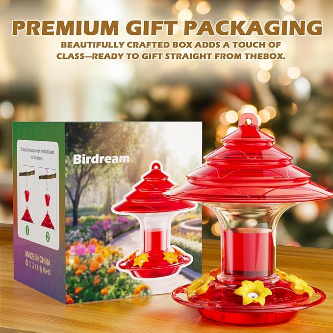 Birdream Hummingbird Feeder for Outdoors Hanging, 20oz Hummingbird Feeders with 5 Bee Guard Feeding Ports & Built-in Ant Moat Brush Leak-Proof for Outside Gifts for Women - Red