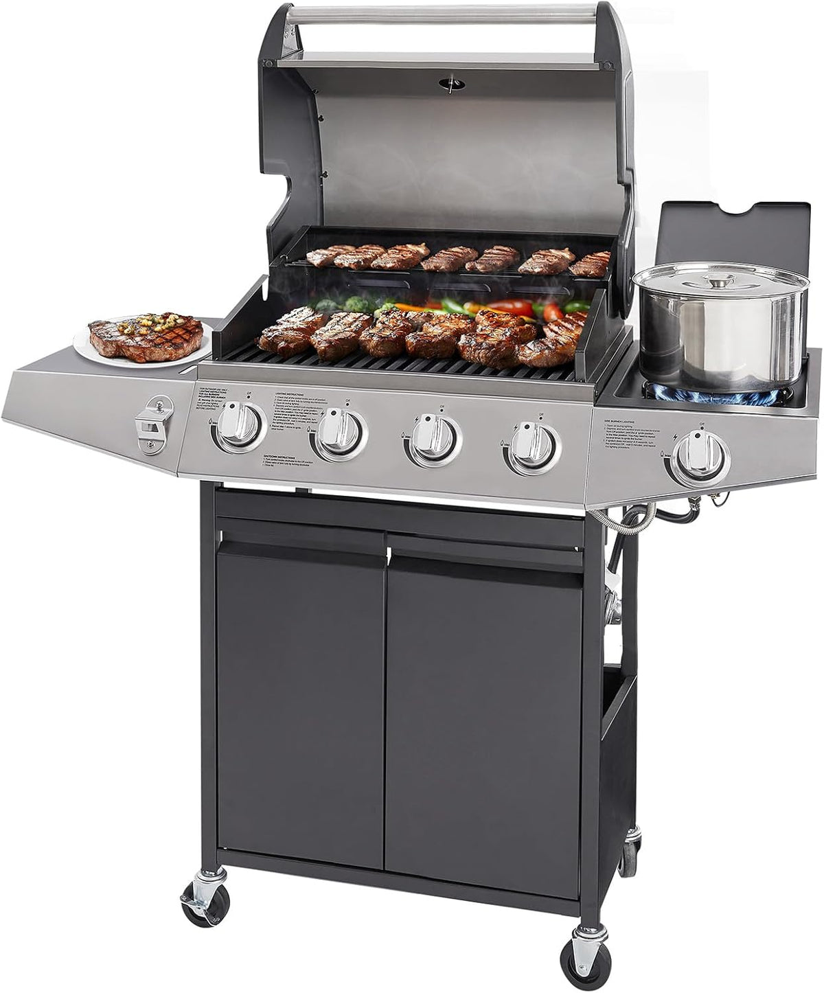 Unovivy 4-Burner Propane Gas Grill with Side Burner, Portable BBQ Grills with Oil Tray and Built-in Thermometer for Outdoor Barbecue, Camping, Patio, Backyard, 49,000 BTU