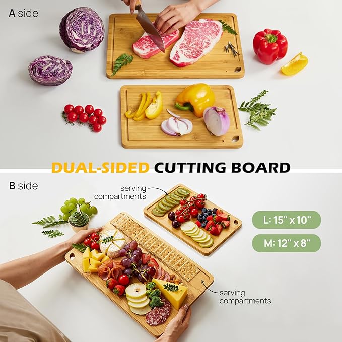 Chopping Board Duo 2-Pcs Natural Bamboo With Juice Channels & Knife-Friendly Finish For Versatile Kitchen Use, Ideal Charcuterie & Chopping Multi-Use