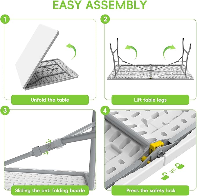HLPB Folding Table Picnic Table 2 Pcs, 6 ft Portable Camping Table with Handle and Safety Locks, Foldable Table Plastic Dining Table Indoor Outdoor for Camping, Picnic and Party
