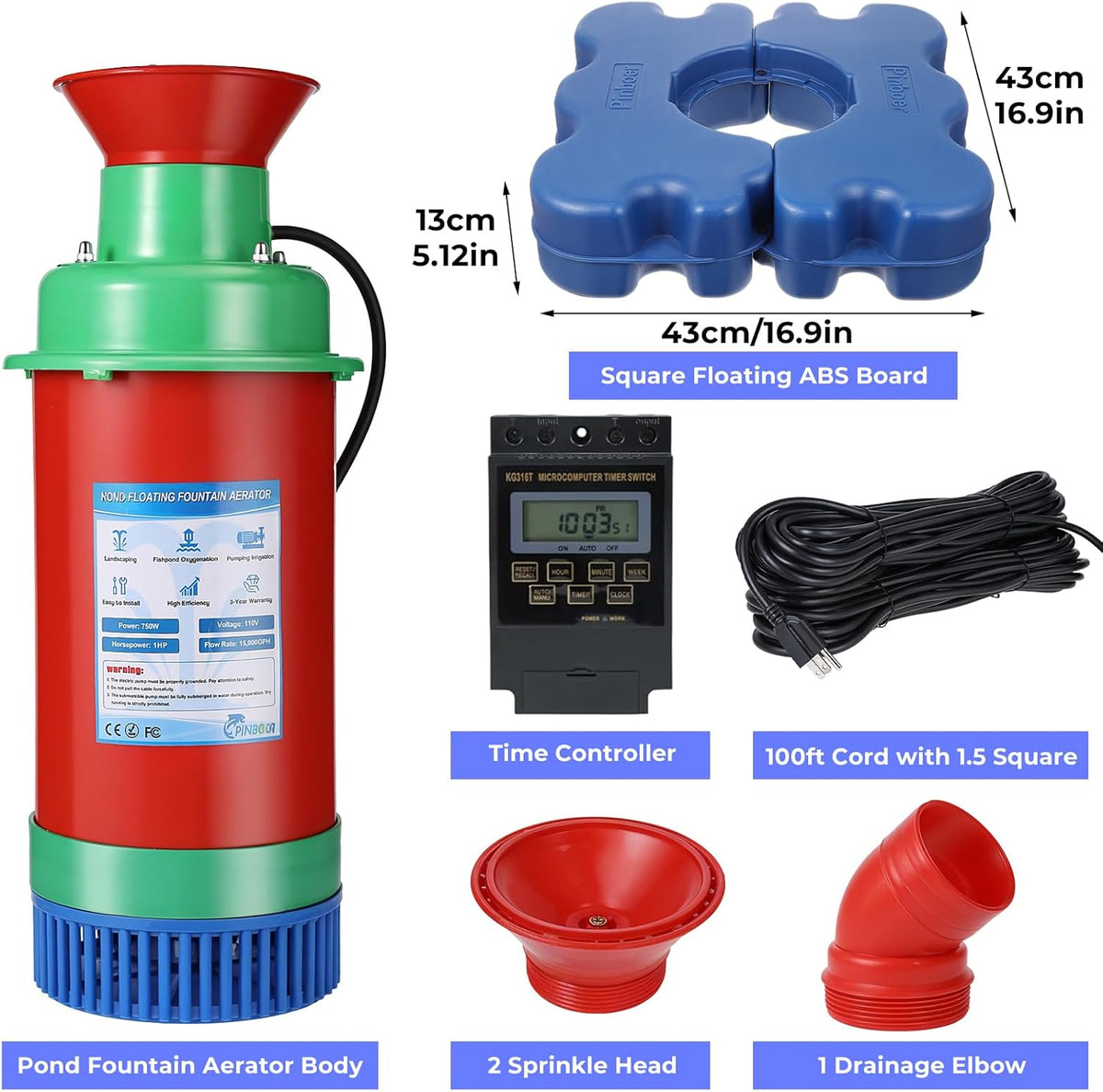 Pond Fountain Aerator with Time Controller-15000 GPH,110V 1HP 750W Floating Fountain Aeration System for Large and Small Ponds,Aerator Water Pump for Outdoor Ponds & Lakes with 15A/100FT Power Cord