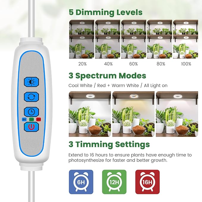 Ceiling Grow Lights for Indoor Plants, 192 LEDs Full Spectrum Plant Lights for Indoor Growing with 6/12/16H Timer, Cable Clips for Tidy Setup, 3.54" Grow Lamp for Small Plants (4-Head)