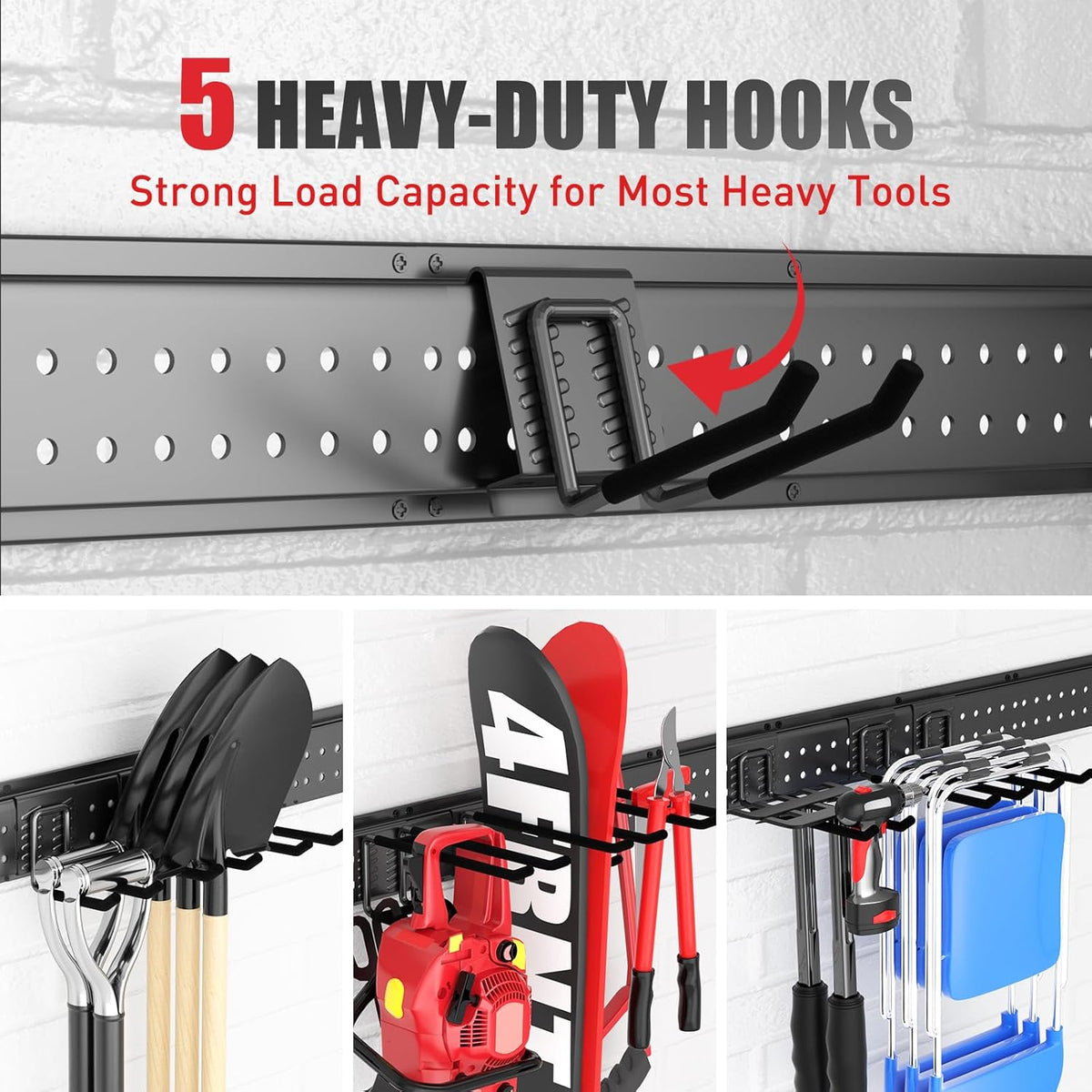 Garage Tool Organizer Wall Mount 64 inches with 13 Adjustable Heavy-Duty Hooks, Garage Organization, Garden Tool Storage Rack, Yard, and Shed, Holds Up to 520 lbs