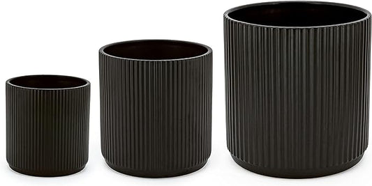 Amazon Basics Assorted Sizes Fluted Ceramic Round Planters, Set of 3, 6 inch, 8 inch, 10 inch, Black
