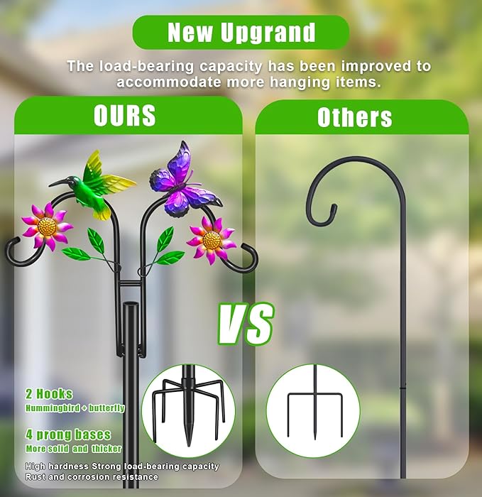 Double Shepherds Hooks for Outdoor, Artistic Hummingbird & Flower Design, 5 - Prong Base, Ideal for Bird Feeders, Baskets & Lanterns (1 Pack)
