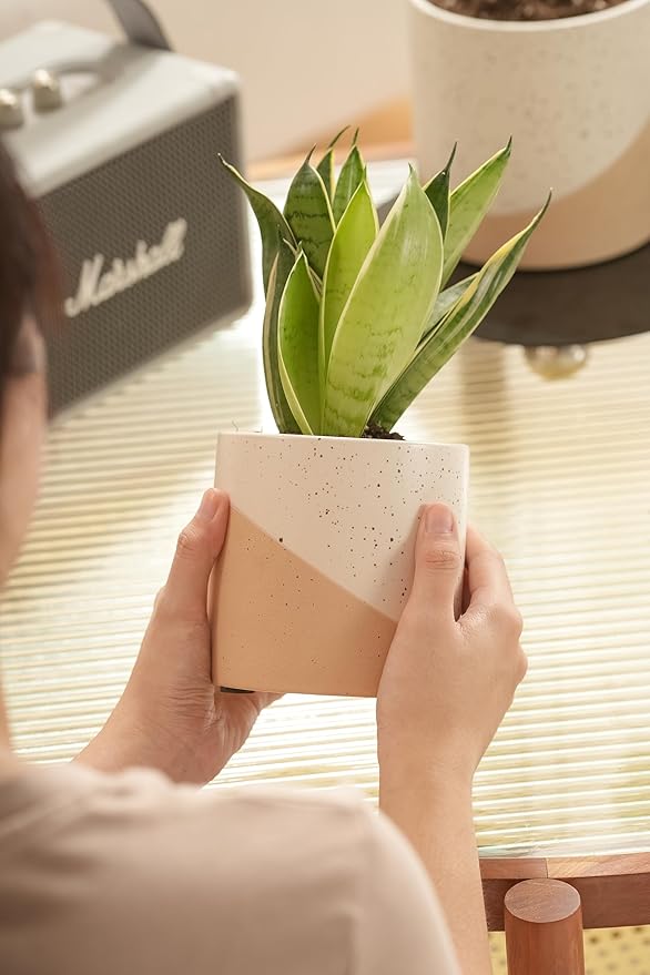 Ceramic Pots for Indoor Plants, 2 Set Flower Pots 5.4/4.3 Inch with Drainage, Double Color Glazed Speckled White & Terracotta Bottom Ceramic Planter Idea for Plant Lovers