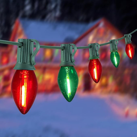 Abeja 25Ft Christmas Lights Multicolor, C7 Red Green Vintage Christmas Lights with 27 Glass Bulbs, Hanging Outdoor String Lights for Holidays, Christmas Prom Party Wedding Decor, Red/Green
