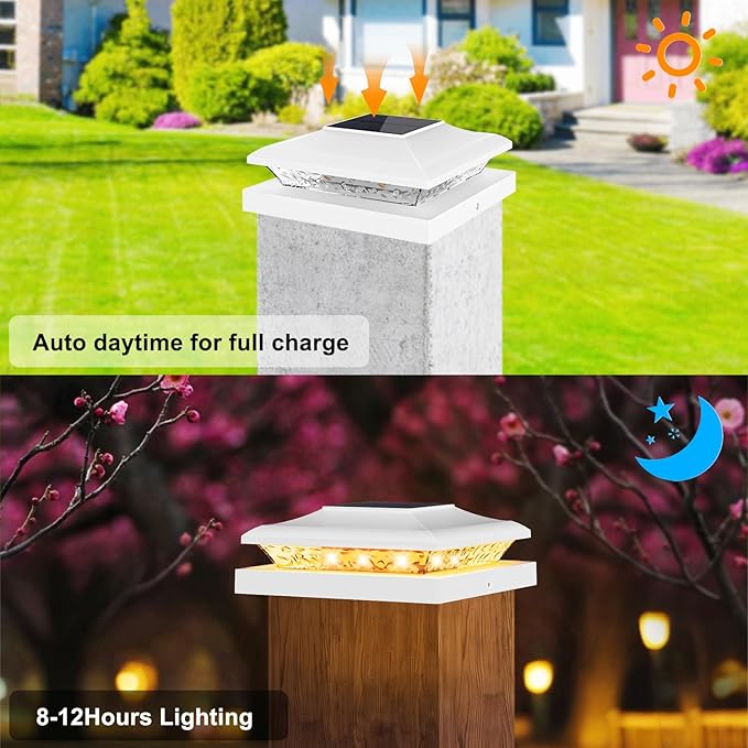 6 Pack Solar Post Cap Light Outdoor Fence Cap Lights 24 LEDs 2 Color Modes for Wooden/Vinyl Post, Waterproof Deck Patio Decoration Fits 5x5, 5.5x5.5 or 6x6 Wooden Posts (3000k/6000k)