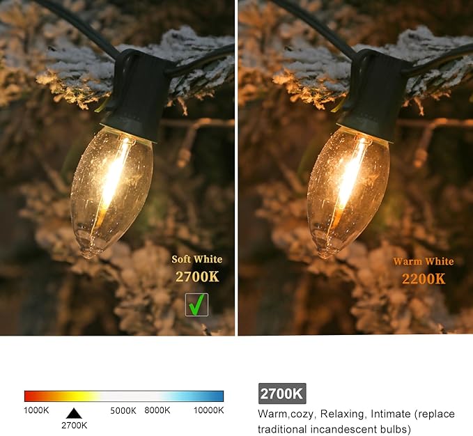 25 Pack C9 LED Replacement Christmas Light Bulbs, Soft White 2700K Waterproof Shatterproof Outdoor String Lights Vintage LED Filament Bulb, E17 Base, Commercial Grade Holiday Decoration Bulbs