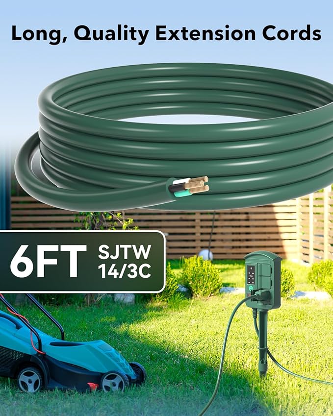 BN-LINK Outdoor Power Stake Timer Waterproof, Power Strip with 6 Grounded Outlets and 6FT Extension Cord, 100FT Wireless Remote Control, Dusk to Dawn Sensor Timer for Lights and Courtyard Decoration