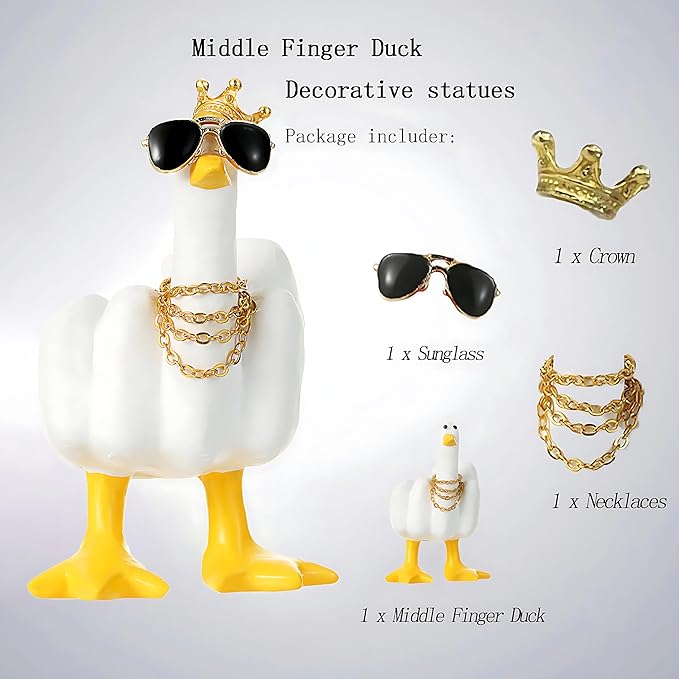 Accddio Middle Finger Duck Decor, Funny Middle Finger Resin Garden Statue, Duck You Cool Fun Gag Gift for Home Office Desk (White)