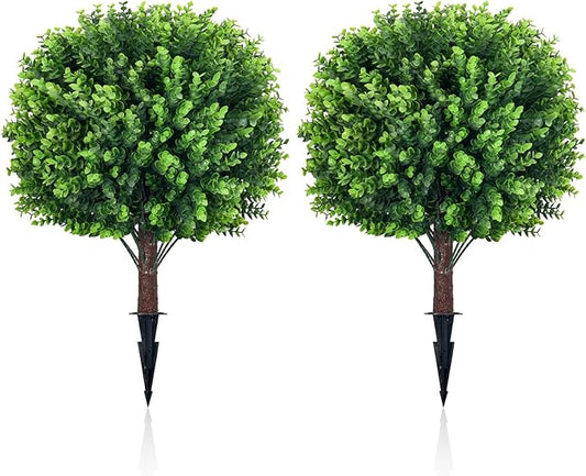 Artificial Topiary Tree with Eucalyptus, Set of 2 UV Resistant 17in Miniature Trees, Outdoor for Porch, Fake Bonsai Topiaries, Greenery Balls, Faux Shrubs for Planters, Curb Appeal Decor