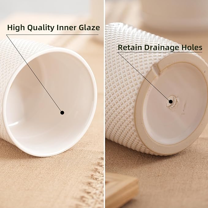 8 Inch Plant Pots: Ceramic Planter with Drainage Hole & Saucer - Flowerpot for Indoor & Outdoor Plants - Beaded Embossed Design White - with Separate Tray