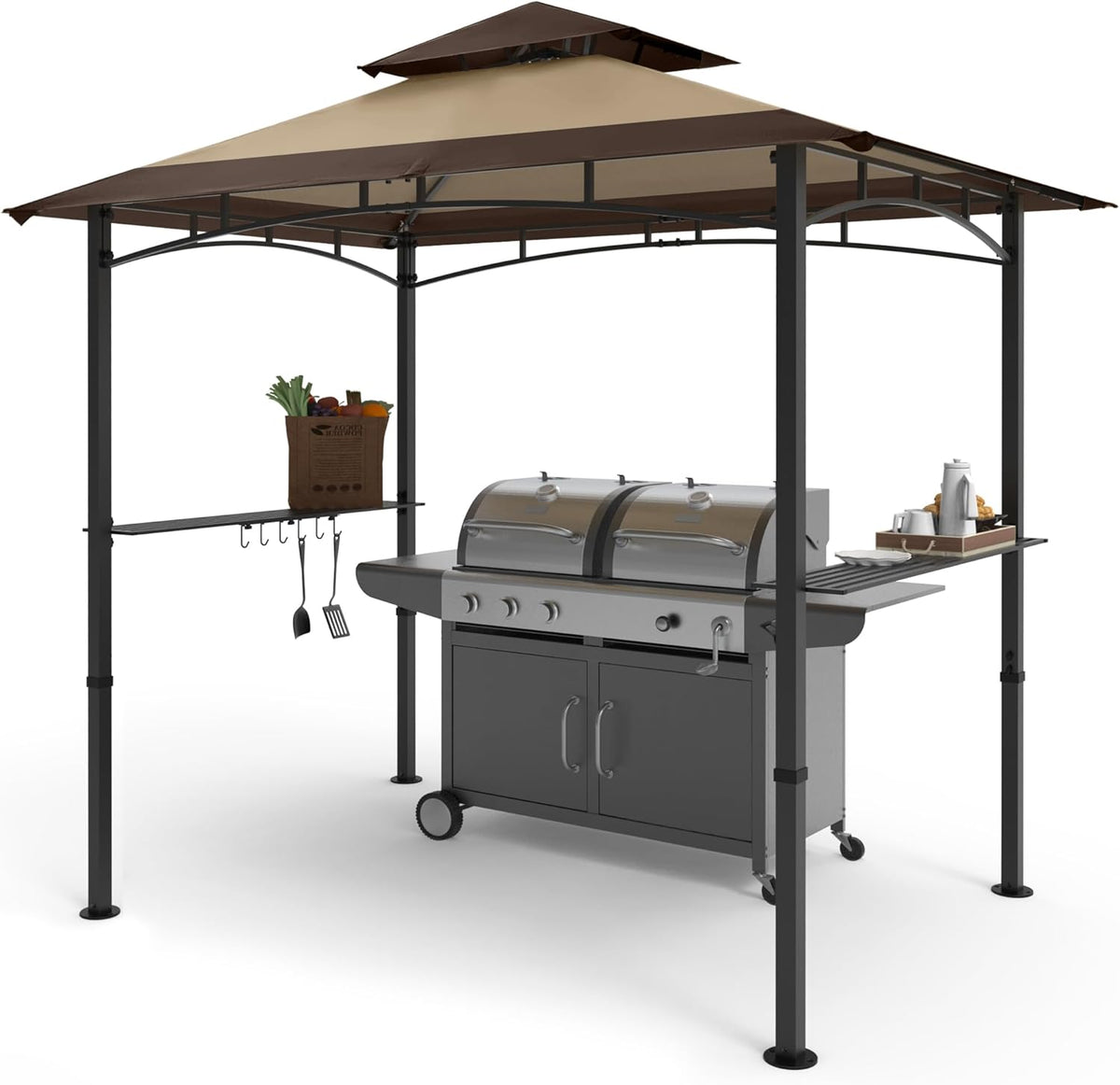 COOSHADE 8'x 5' Grill Gazebo Double Tiered Outdoor BBQ Gazebo Canopy with LED Light (Brown with Khaki)