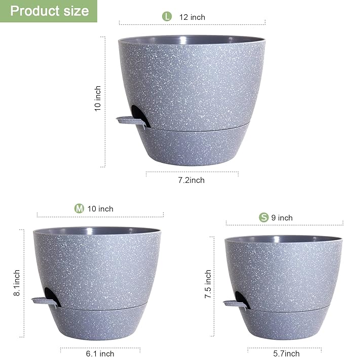Big Self Watering Pots 12/10/9 inch, Planter, Plant Pots with Mesh Drainage Holes for Indoor Outdoor Garden Plants, Plastic Flower Pots with Removable Deep Reservoir, Speckled Grey