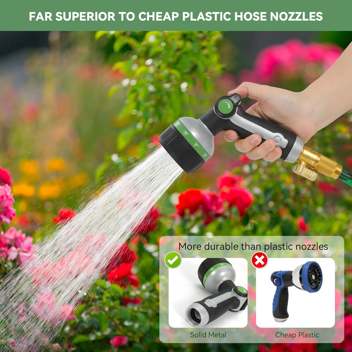 Garden Hose Nozzle Heavy Duty,Metal Water Hose Nozzle with 10 Adjustable Spray Patterns, High Pressure Hose Sprayer Nozzle Thumb Control On Off Valve for Lawn & Plant Watering, Car & Pet Washing
