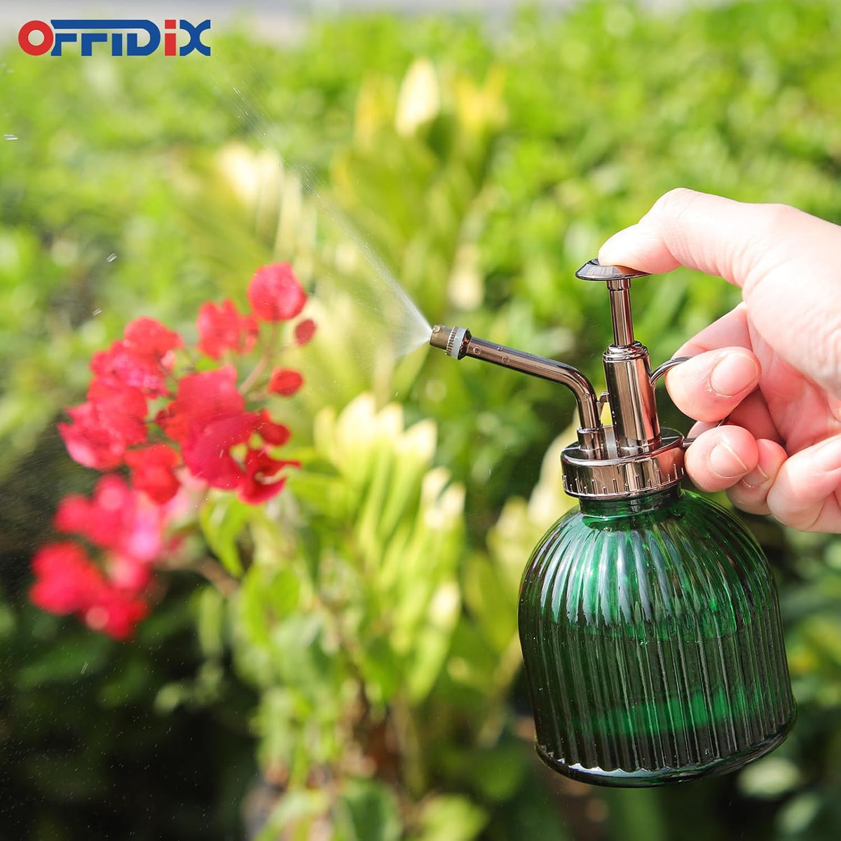 OFFIDIX Plant Mister Spray Bottle Glass Mister for Inside 6.3" Tall Vintage Style with Bronze Plastic Top Pump One Hand Watering Can for Indoor Potted Plants Terrariums Green