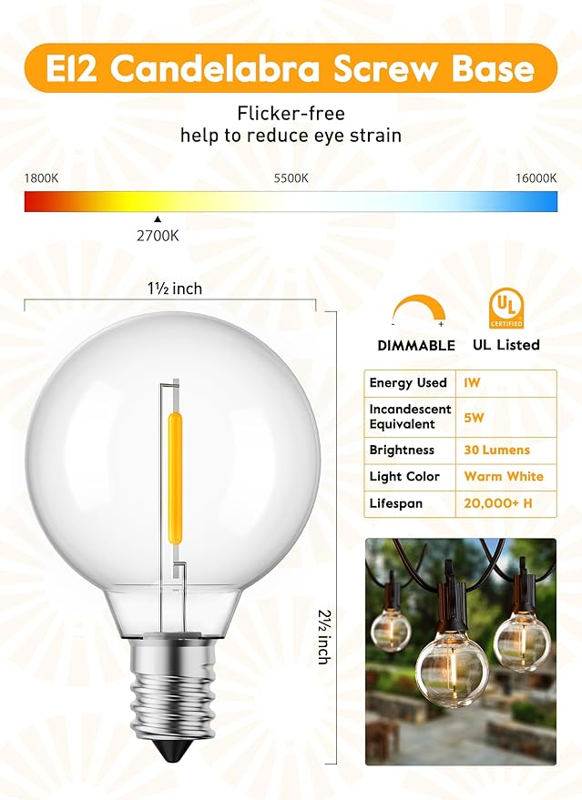Brightown G40 Led Replacement Light Bulbs 1W Shatterproof Globe Bulb Fits E12 or C7 Candelabra Screw Base Sockets, 1.5 Inch Dimmable Light Bulbs for Indoor Outdoor Patio Decor, Warm White, 15 Pack