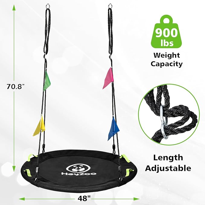 48 inch Tree Swing, Larger Saucer Flying Swing for Whole Family, 900lbs Weight Capacity, with Adjustable Hanging Straps, for Outdoor Backyard, Gifts for Kids, Black