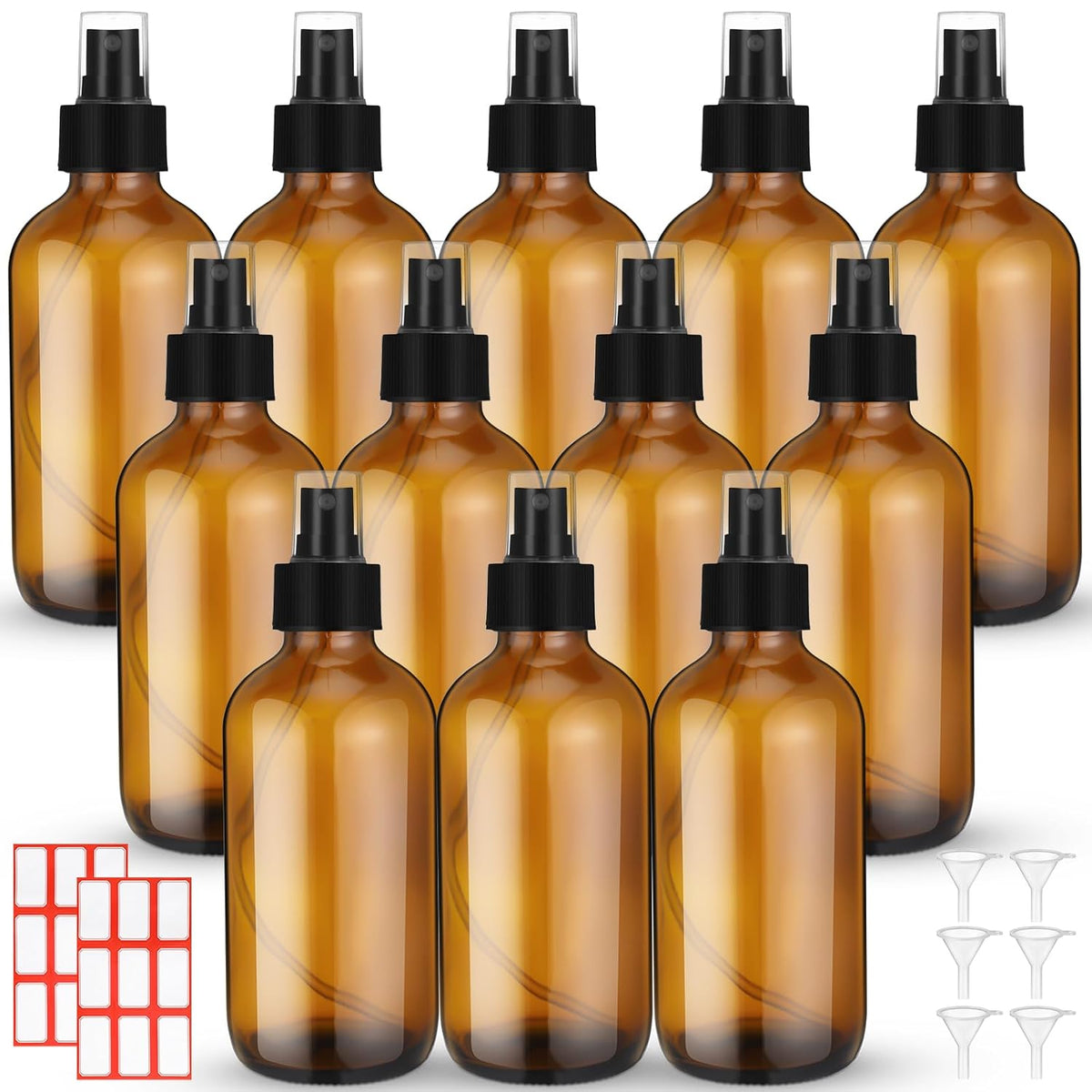 Norme 12 Pcs 8 oz Glass Spray Bottles with Funnels and Labels Refillable Cosmetic Empty Spray Bottles with Sprayer Containers for Essential Oil Cleaning Solutions(Amber,Stylish)