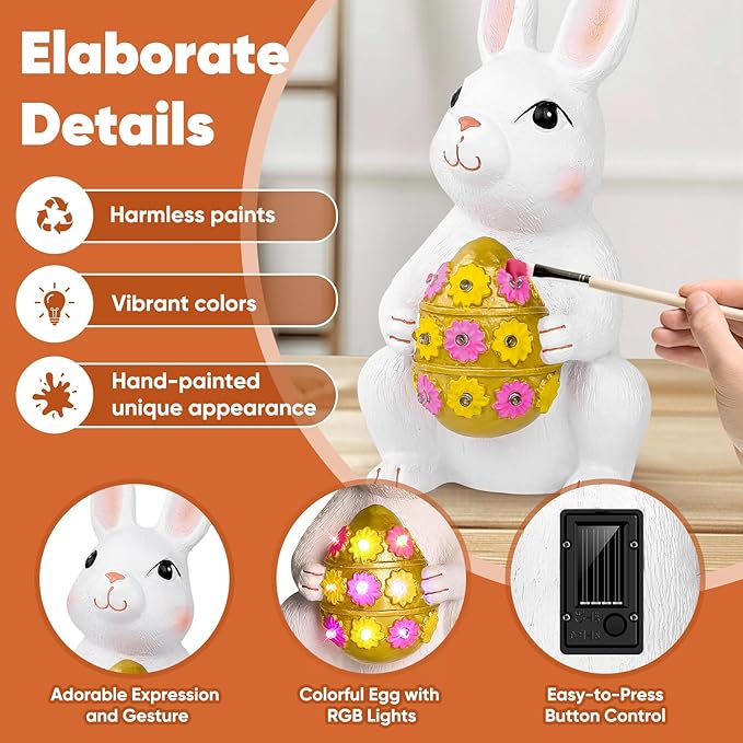 Brightever Outdoor Solar Garden Statues, Bunny with Easter Egg and 9 RGB LED Lights, Outdoor Figurine Lights - Solar Powered Garden Sculpture Easter Gifts for Kids, Women, Wife, Birthday