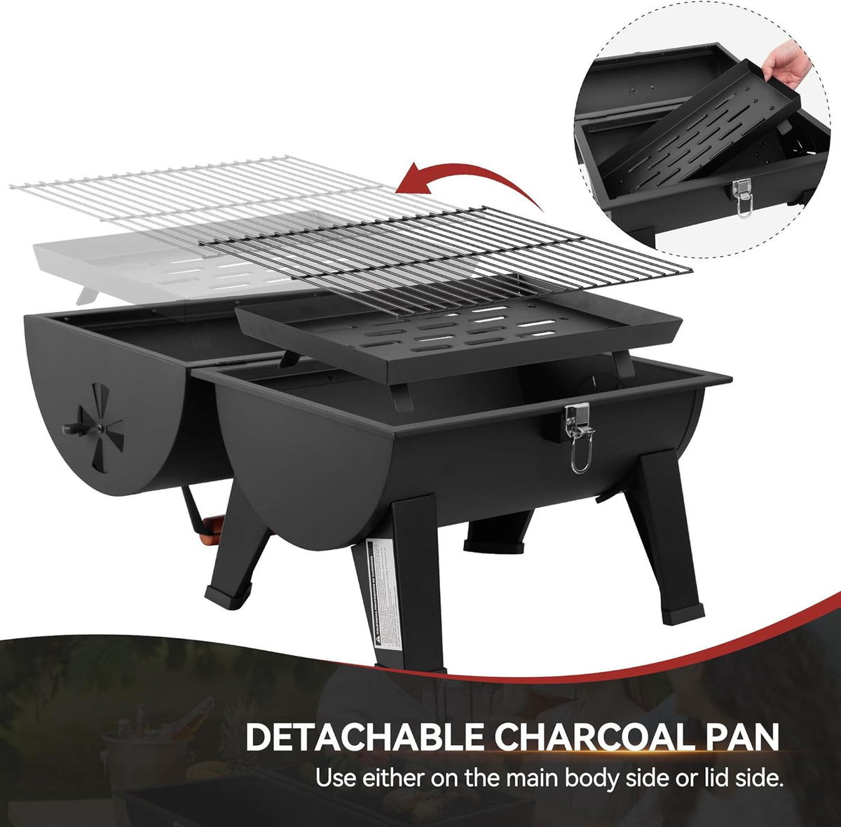 Royal Gourmet CC1619 Portable Tabletop Charcoal Grill, Convertible Lid-to-Grill Zone, Outdoor Compact Barrel BBQ Grill with 217 Sq. In. Grilling Space for Backyard, Patio and Parties, Black