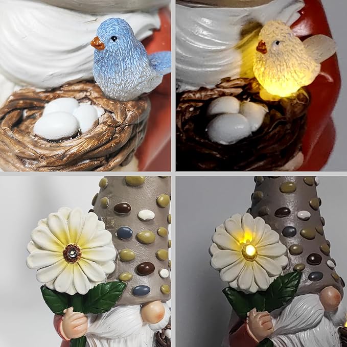 12 Inch Solar Garden Gnome Statue Clearance with Sunflower and Bird's Nest Light – Outdoor High Hat Gnome Sculpture Outdoor Statue for Patio and Garden Decor – Figurine Gift for Gnome Lovers
