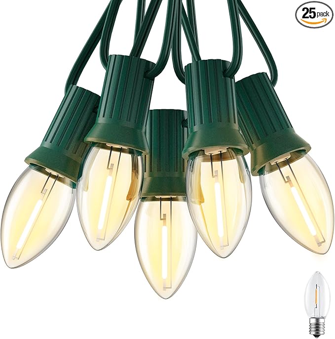 Brightown C7 Clear LED Christmas String Lights Outdoor, 25FT Connectable Christmas Lights with 26 0.6W Bulbs(1 Spare), Vintage Hanging Lights for Xmas Holiday Party Patio Roofline House Decor