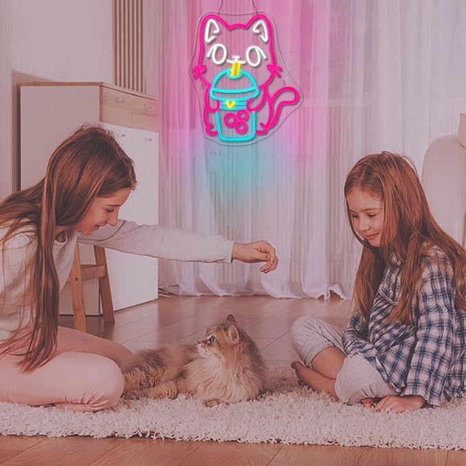 Cat Boba Tea Neon Sign,Cute Pink Kitty Bubble Tea Neon Signs for Wall Decor,Dimmable LED Neon Light Bar Sign,USB Light Up Signs for Kids Bedroom Dimsum Store Cofes Bar Milk Tea Shop
