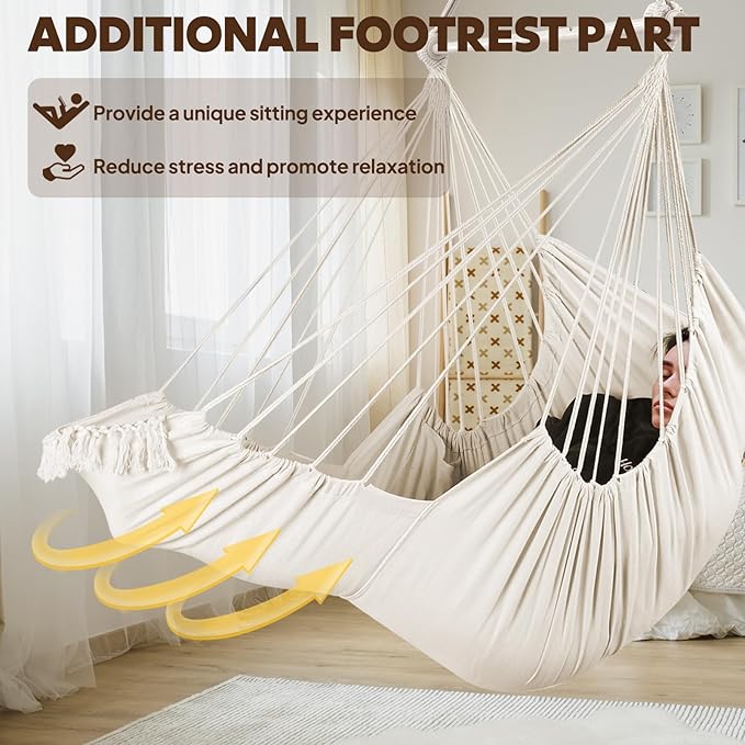 Chihee Hammock Chair Hanging Chair with Foot Rest 2 Cushions Max 500lbs Robust Metal Spreader Bar Collapsible Easy Storage Soft Cotton Swing Chair Strong Strap Iron Carabiner Side Pocket Included