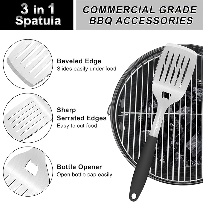 BBQ Grilling Accessories, 3Pcs Stainless Steel Grill Tools Accessories Set with Spatula, Fork and Tongs, Barbecue Utensils Grilling Tools for Outdoor Camping, Heat-Resistant Silicone Handle