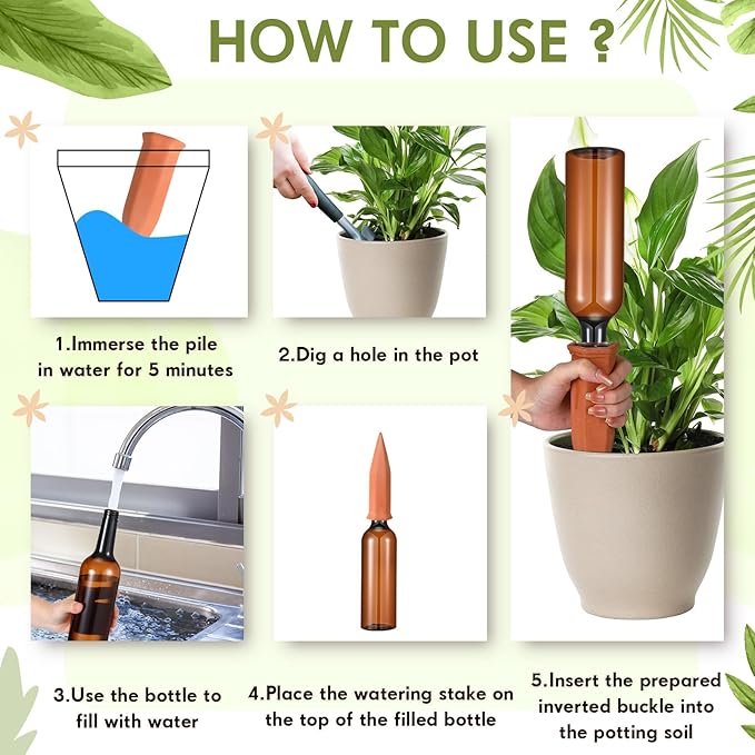 Baderke 12 Set Plant Watering Devices, Terracotta Watering Spikes with 25 oz Plastic Wine Bottles, Slow Release Vacation Insert Automatic Plant Waterer Device for Indoor Outdoor
