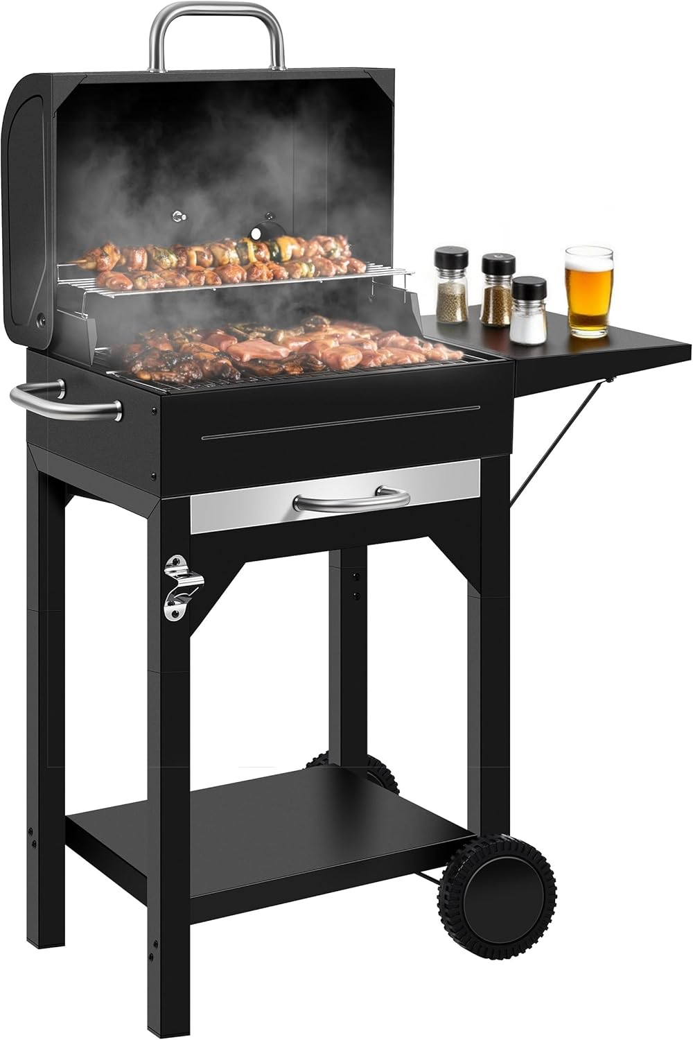 MBY Charcoal Smoker Grill Combo with Offset Firebox – Heavy Duty BBQ Grill with Side Shelf & Warming Rack, Portable for Outdoor Cooking, Backyard, Camping, Tailgating